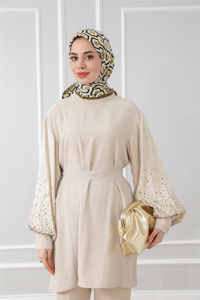 Kolları Taşlı Tunik - Krem