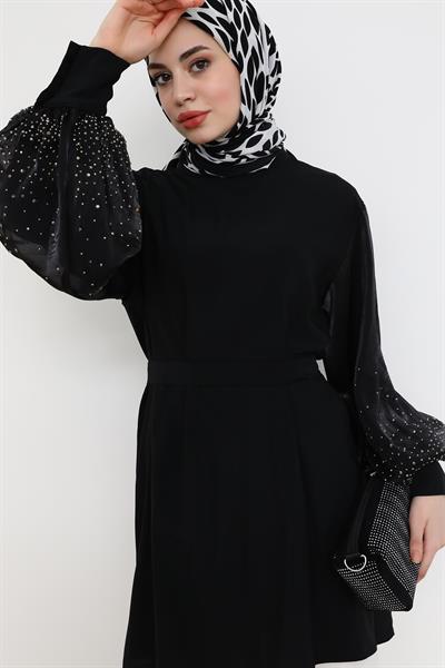 Kolları Taşlı Tunik - Siyah