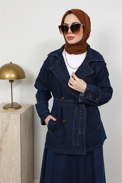 Kuşaklı Denim Ceket - Lacivert