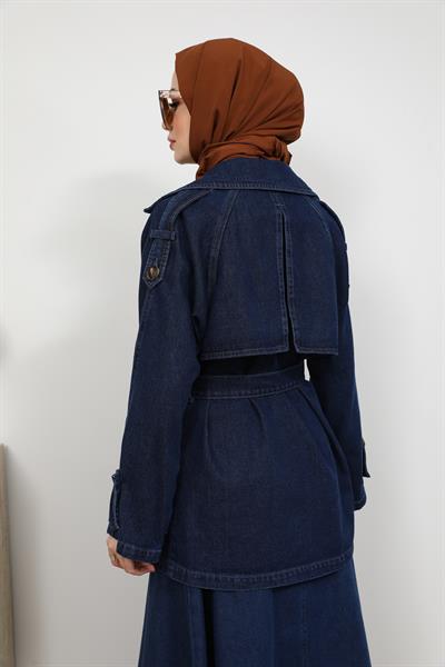 Kuşaklı Denim Ceket - Lacivert