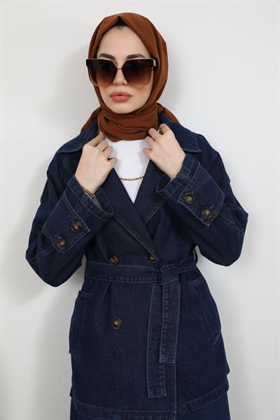 Kuşaklı Denim Ceket - Lacivert