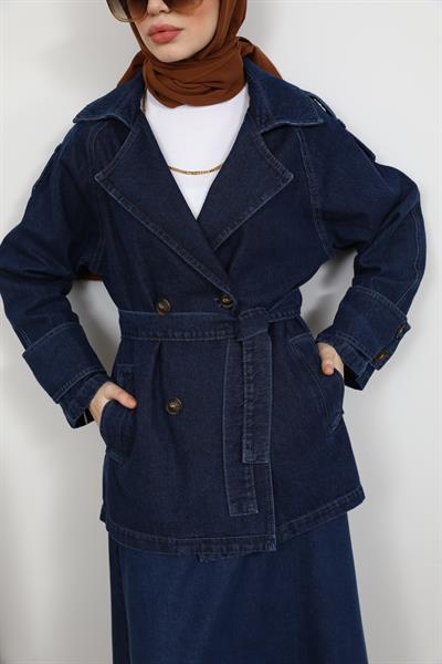 Kuşaklı Denim Ceket - Lacivert
