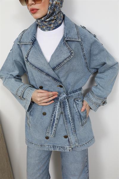 Kuşaklı Denim Ceket - Mavi