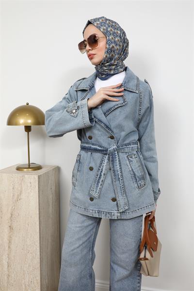 Kuşaklı Denim Ceket - Mavi