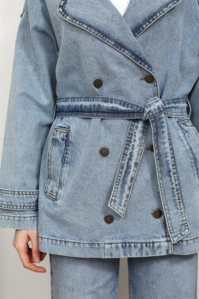 Kuşaklı Denim Ceket - Mavi