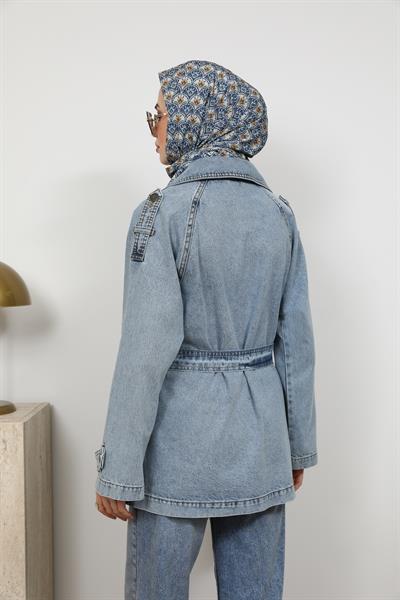 Kuşaklı Denim Ceket - Mavi