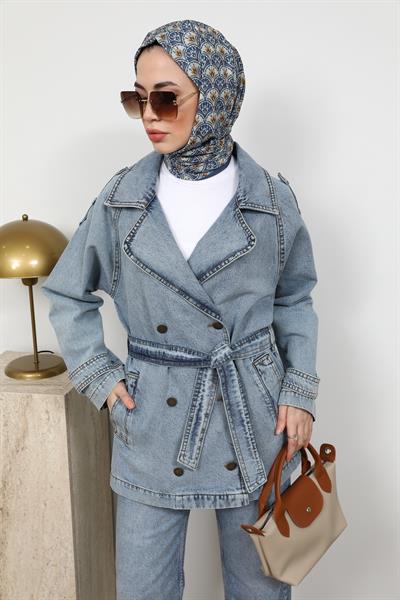 Kuşaklı Denim Ceket - Mavi