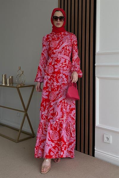 Kuşaklı Viskon Elbise - KIRMIZI