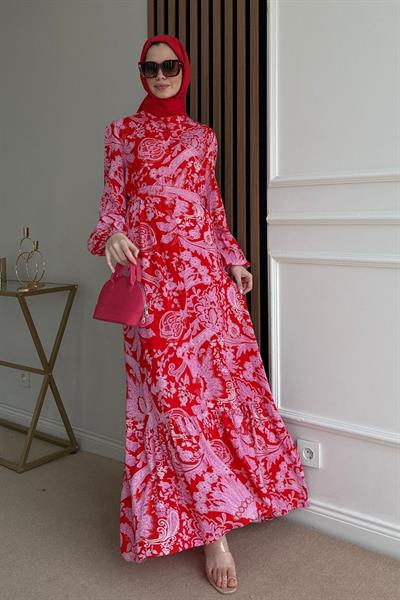 Kuşaklı Viskon Elbise - KIRMIZI