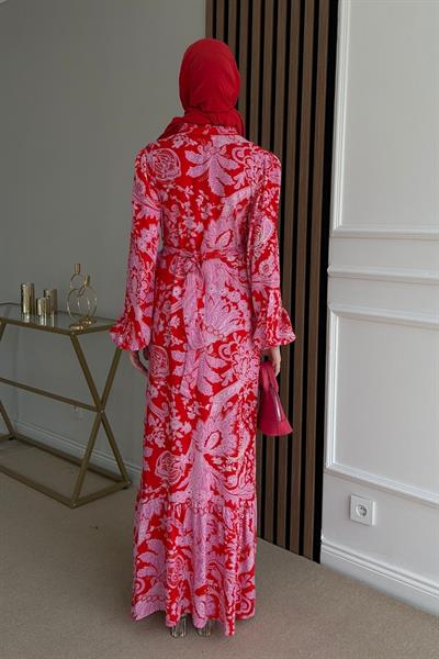 Kuşaklı Viskon Elbise - KIRMIZI