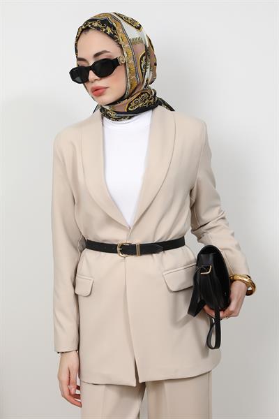 Leopar Astarlı Blazer- Krem