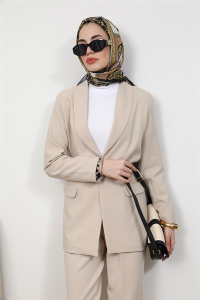 Leopar Astarlı Blazer- Krem