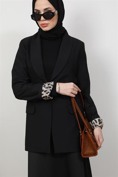 Leopar Astarlı Blazer- Siyah