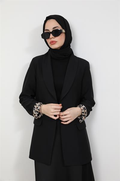 Leopar Astarlı Blazer- Siyah
