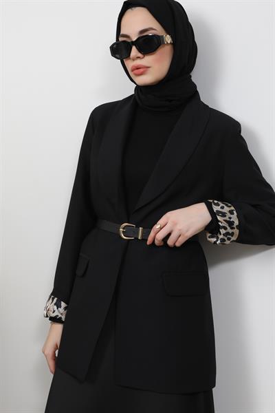 Leopar Astarlı Blazer- Siyah