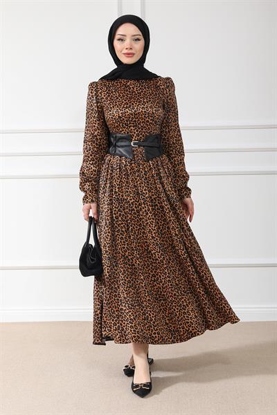 Leopar Desenli Elbise - Kahvrengi