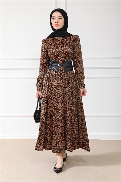 Leopar Desenli Elbise - Kahvrengi