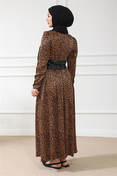 Leopar Desenli Elbise - Kahvrengi