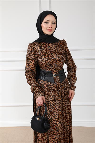 Leopar Desenli Elbise - Kahvrengi