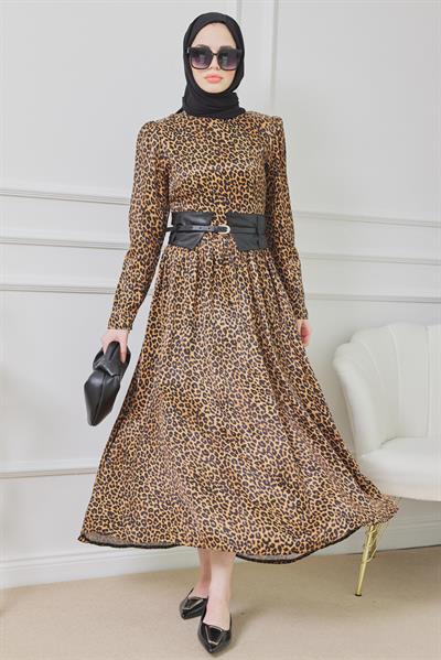 Leopar Desenli Elbise - Kahvrengi