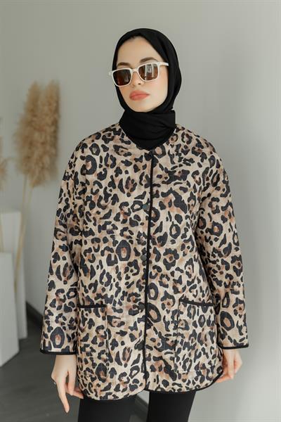 Leopar Kapitone Ceket - Bej