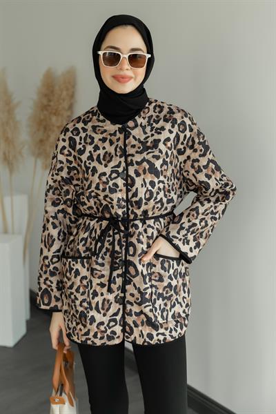Leopar Kapitone Ceket - Bej