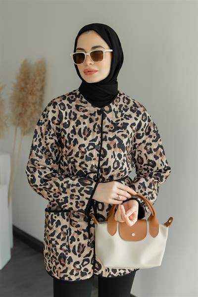 Leopar Kapitone Ceket - Bej