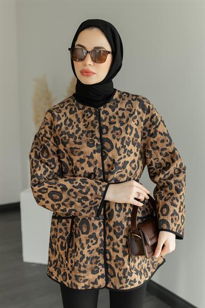 Leopar Kapitone Ceket - Kahverengi