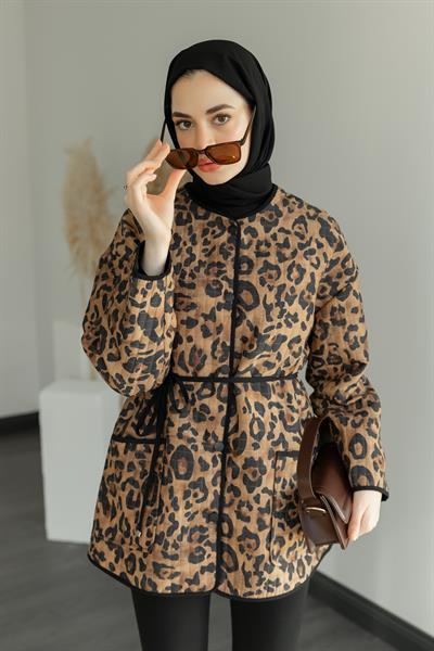 Leopar Kapitone Ceket - Kahverengi