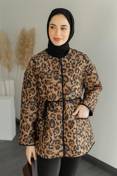 Leopar Kapitone Ceket - Kahverengi