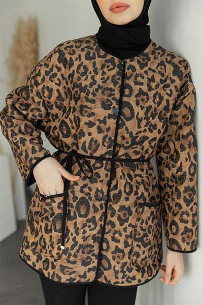 Leopar Kapitone Ceket - Kahverengi