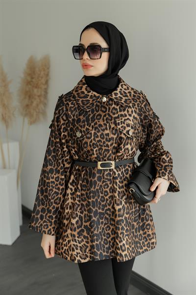 Leopar Kemerli Ceket - Kahverengi
