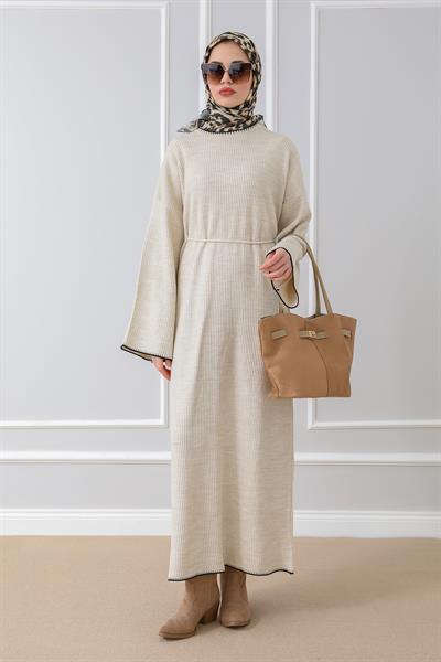 Oversize Triko Elbise - Krem