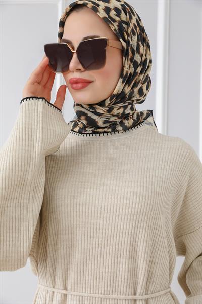 Oversize Triko Elbise - Krem