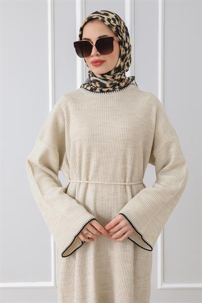 Oversize Triko Elbise - Krem