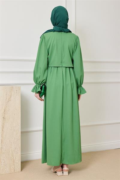 Parçalı Düğmeli Elbise - YEŞİL