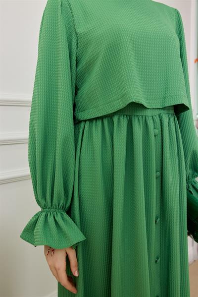 Parçalı Düğmeli Elbise - YEŞİL