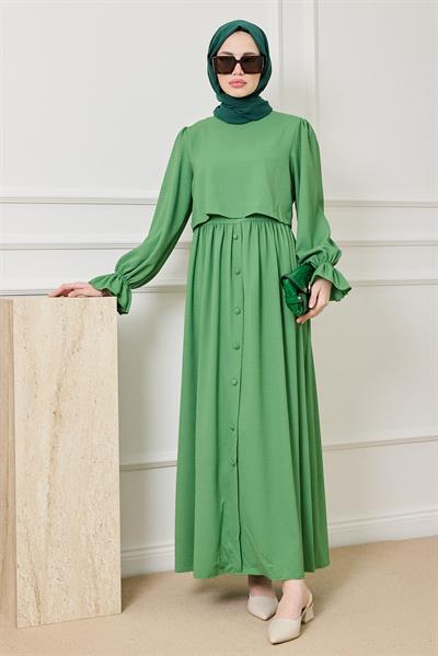 Parçalı Düğmeli Elbise - YEŞİL
