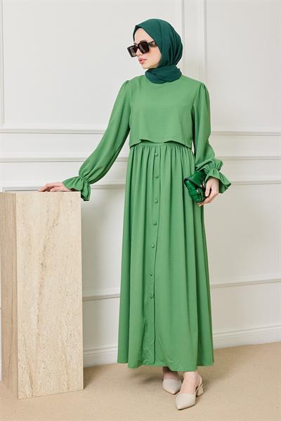 Parçalı Düğmeli Elbise - YEŞİL