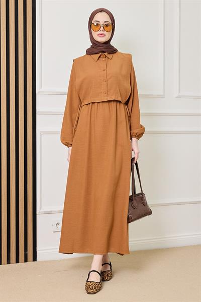 Parçalı Keten Elbise - KAHVERENGİ