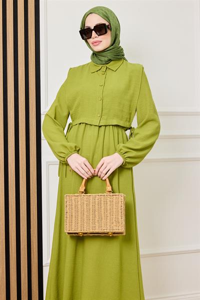 Parçalı Keten Elbise - YEŞİL