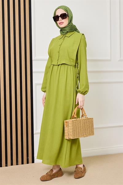 Parçalı Keten Elbise - YEŞİL