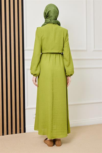 Parçalı Keten Elbise - YEŞİL