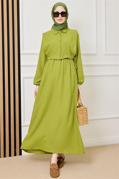 Parçalı Keten Elbise - YEŞİL