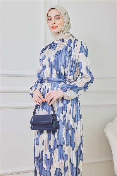 Piliseli Saten Elbise - Lacivert