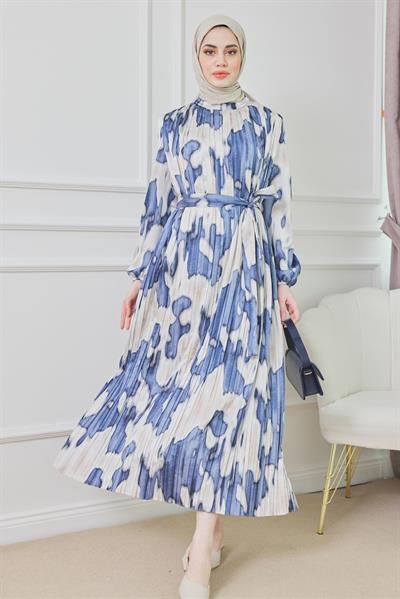 Piliseli Saten Elbise - Lacivert