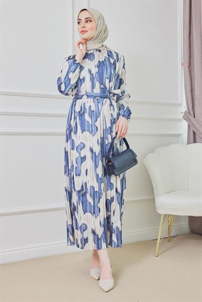 Piliseli Saten Elbise - Lacivert