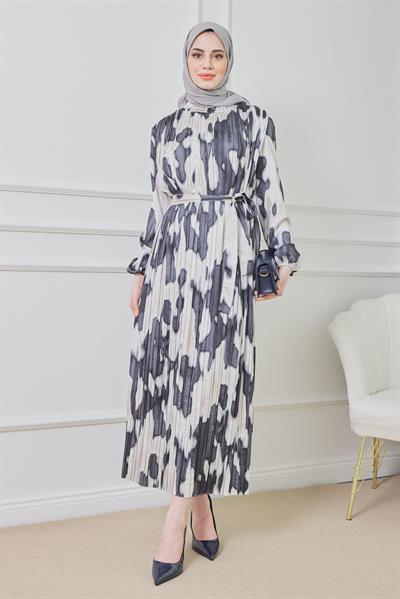 Piliseli Saten Elbise - Siyah