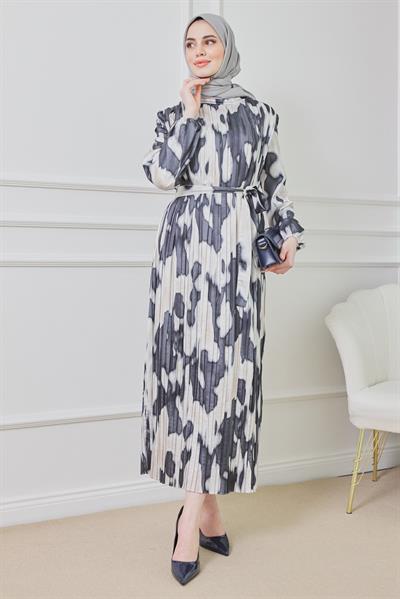 Piliseli Saten Elbise - Siyah