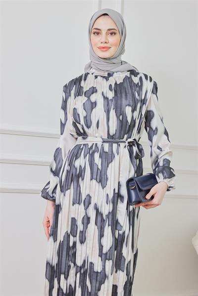 Piliseli Saten Elbise - Siyah